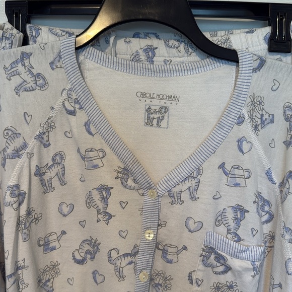 Women’s Carole Hochman New York Blue White Cat Print Pajama Set long sleeve Sz L - Picture 3 of 7